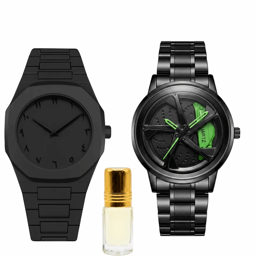 Men's spinner watches: black rubber band, black metal bracelet, green dial accents