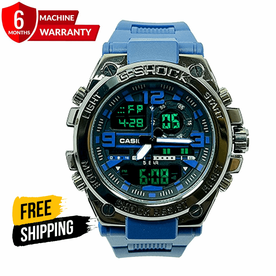 Dual time men's watch with black rubber strap, rugged black dial and metal bezel