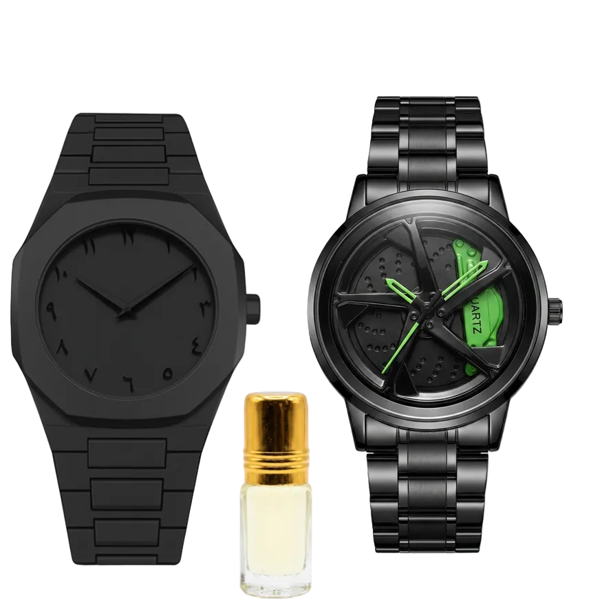 Men’s black spinner watch with silicone strap, plus gold perfume vial