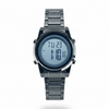 Men's digital alarm watch, black bezel, silver metal band, round LCD display