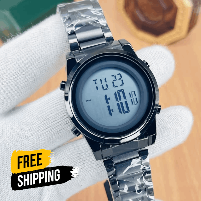 Men's digital alarm watch, black bezel, silver metal band, round LCD display