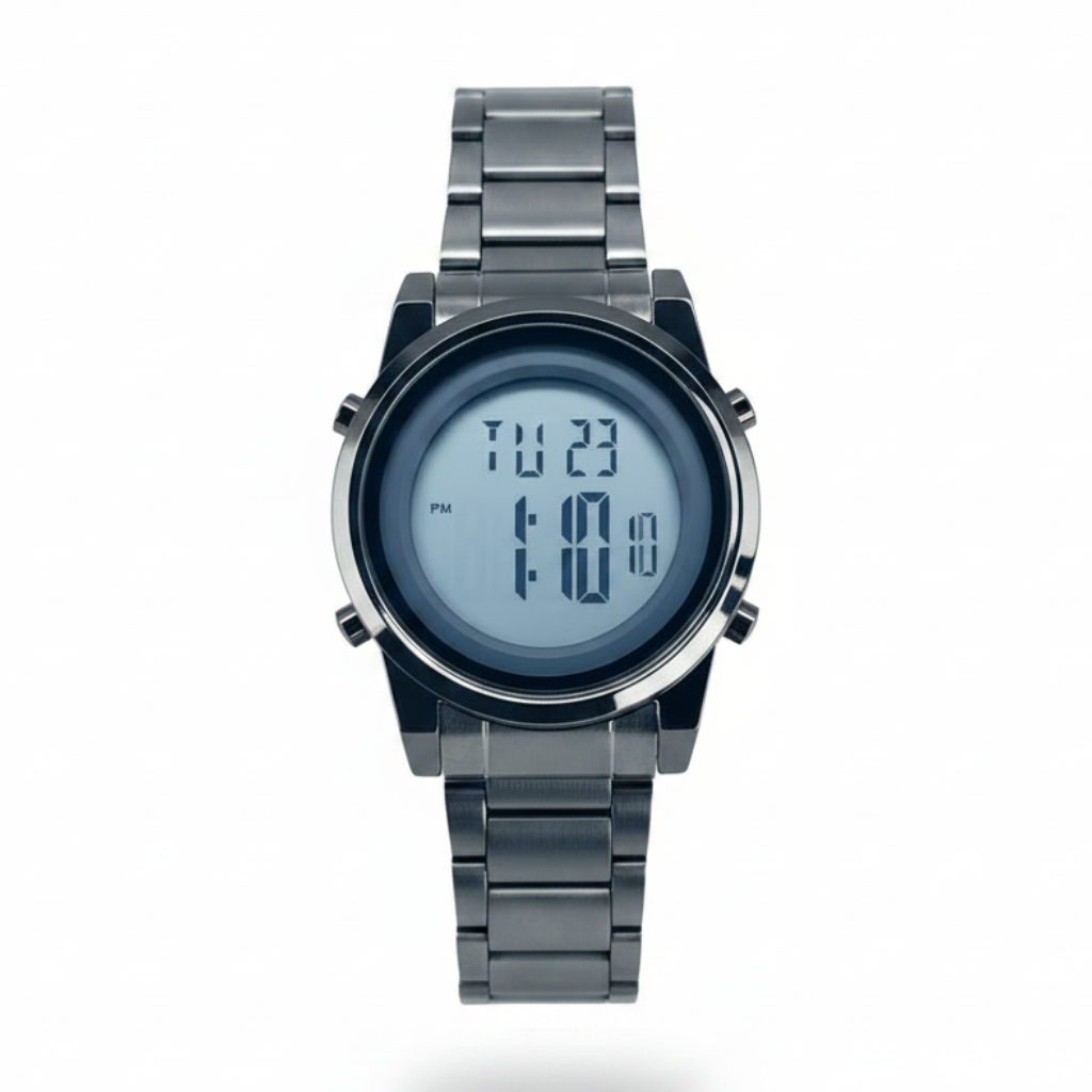 Men's digital alarm watch, black bezel, silver metal band, round LCD display