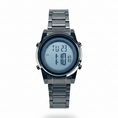 Men's digital alarm watch, black bezel, silver metal band, round LCD display