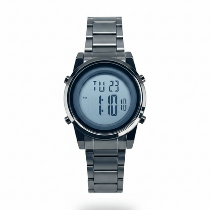 Men's digital alarm watch, black bezel, silver metal band, round LCD display