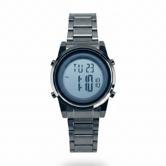 Men's digital alarm watch, black bezel, silver metal band, round LCD display