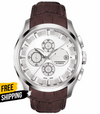 Men’s chronograph watch with brown leather strap and stainless steel round case, silver dial