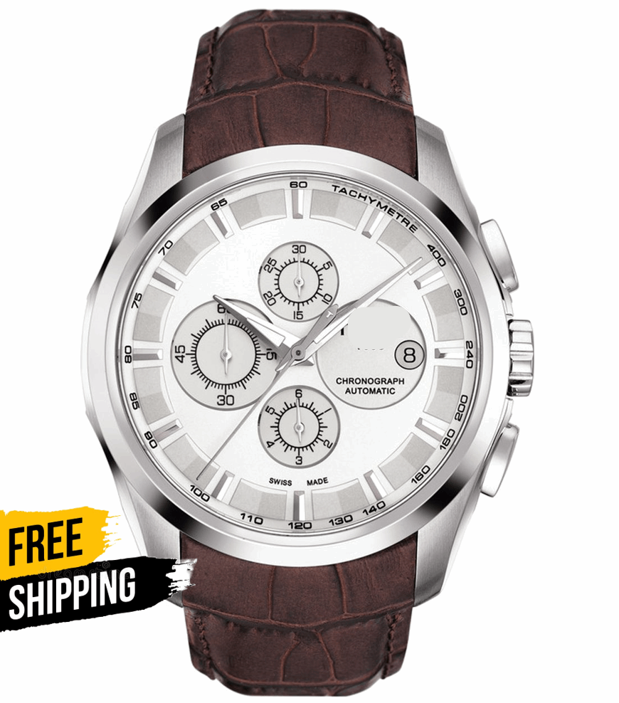 Men’s chronograph watch with brown leather strap and stainless steel round case, silver dial
