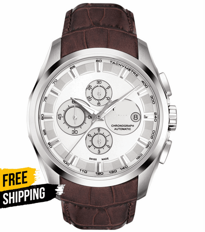 Men’s chronograph watch with brown leather strap and stainless steel round case, silver dial