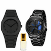 Men's spinner watches: black rubber band, black metal bracelet, blue dial accents