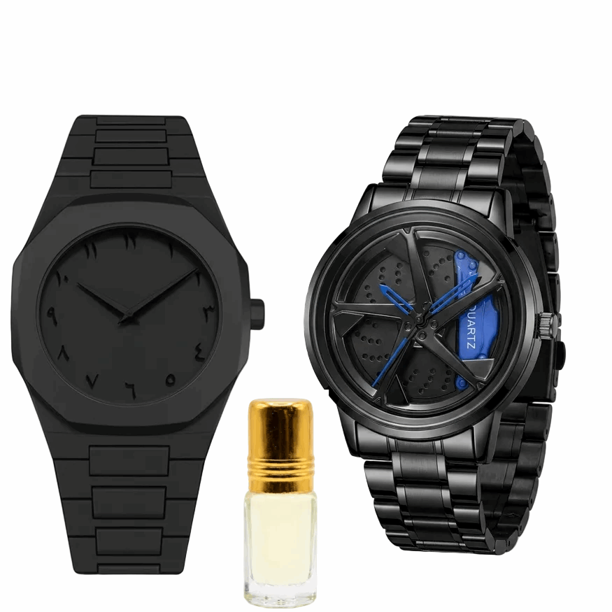 Men's spinner watches: black rubber band, black metal bracelet, blue dial accents