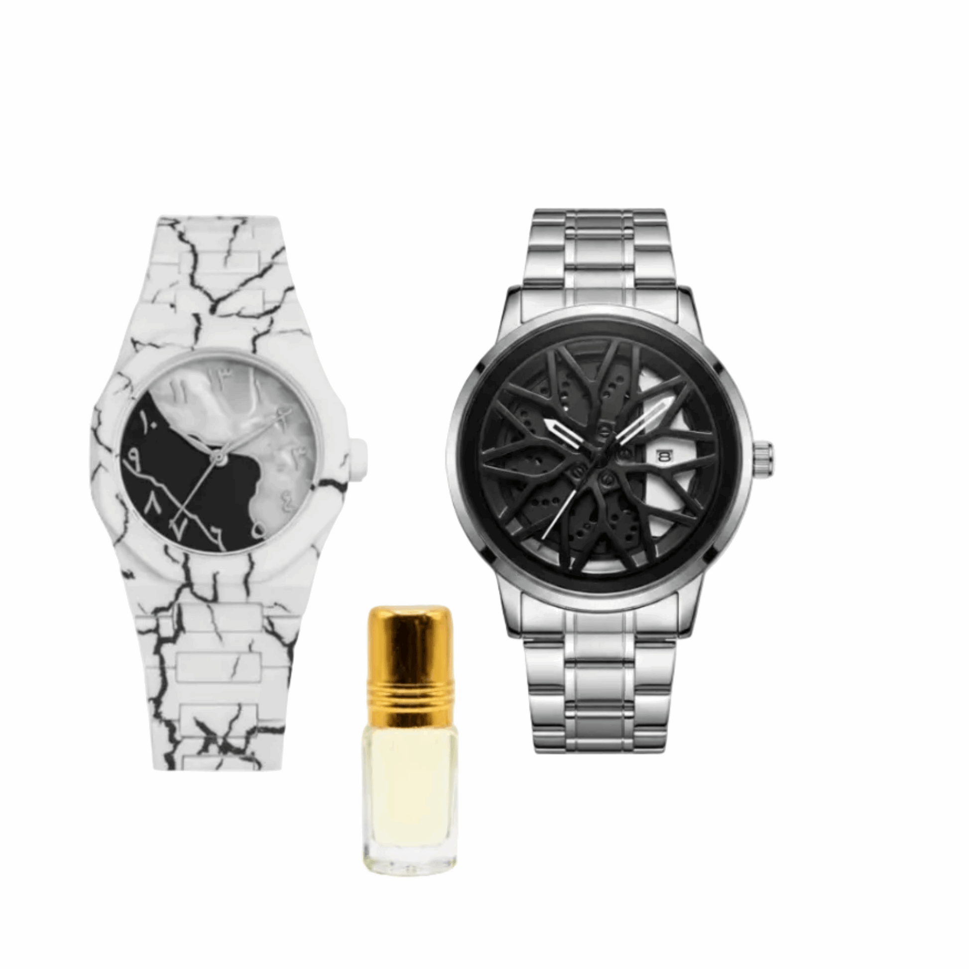 Men's rotating wheel watch with white patterned strap, silver case, black dial and silver hands
