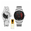 Men's rotating wheel watch with white patterned strap, silver case, black dial and red hands