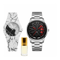 Men's rotating wheel watch with white patterned strap, silver case, black dial and red hands