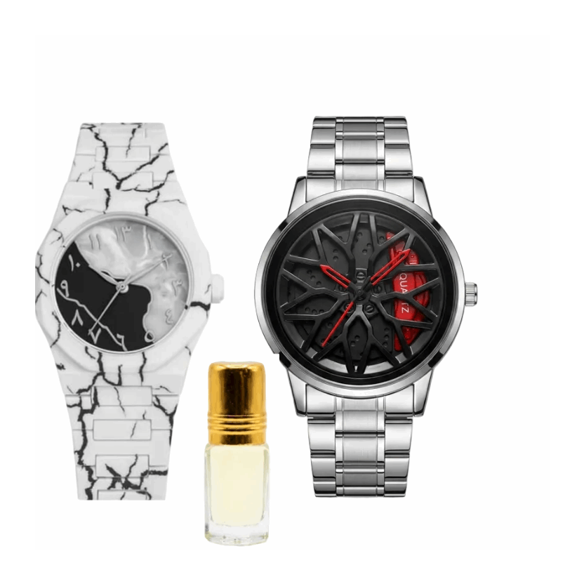 Men's rotating wheel watch with white patterned strap, silver case, black dial and red hands