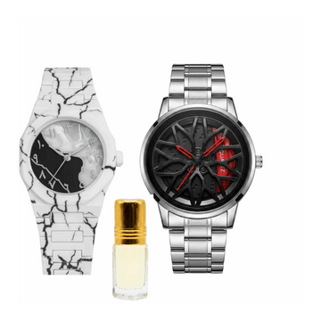 Men's rotating wheel watch with white patterned strap, silver case, black dial and red hands