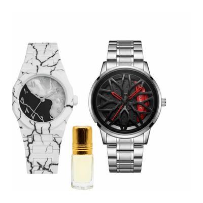 Men's rotating wheel watch with white patterned strap, silver case, black dial and red hands