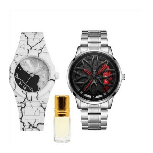 Men's rotating wheel watch with white patterned strap, silver case, black dial and red hands