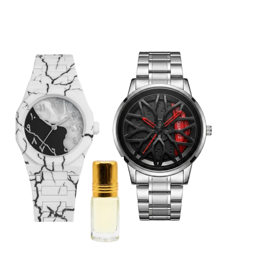 Men's rotating wheel watch with silver case, black dial, red hands and steel bracelet