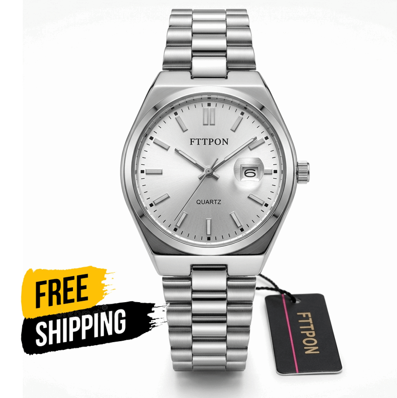 Fitpon waterproof men's fashion watch, silver dial and stainless steel bracelet