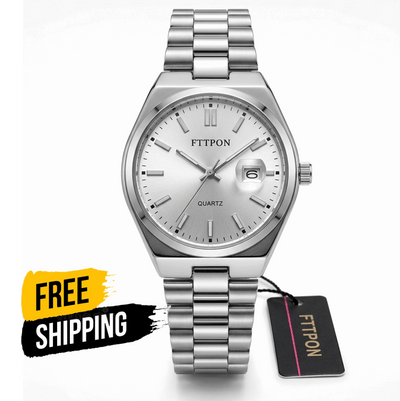 Fitpon waterproof men's fashion watch, silver dial and stainless steel bracelet