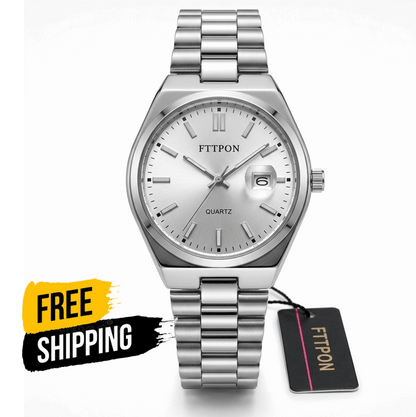 Fitpon waterproof men's fashion watch, silver dial and stainless steel bracelet