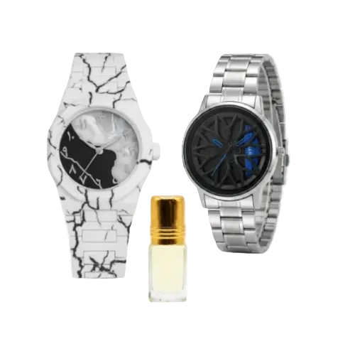 Men’s rotating wheel wristwatch with white marbled band and black dial with blue accents