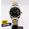Two-tone men’s quartz wristwatch with dark blue dial, gold accents, metal bracelet.