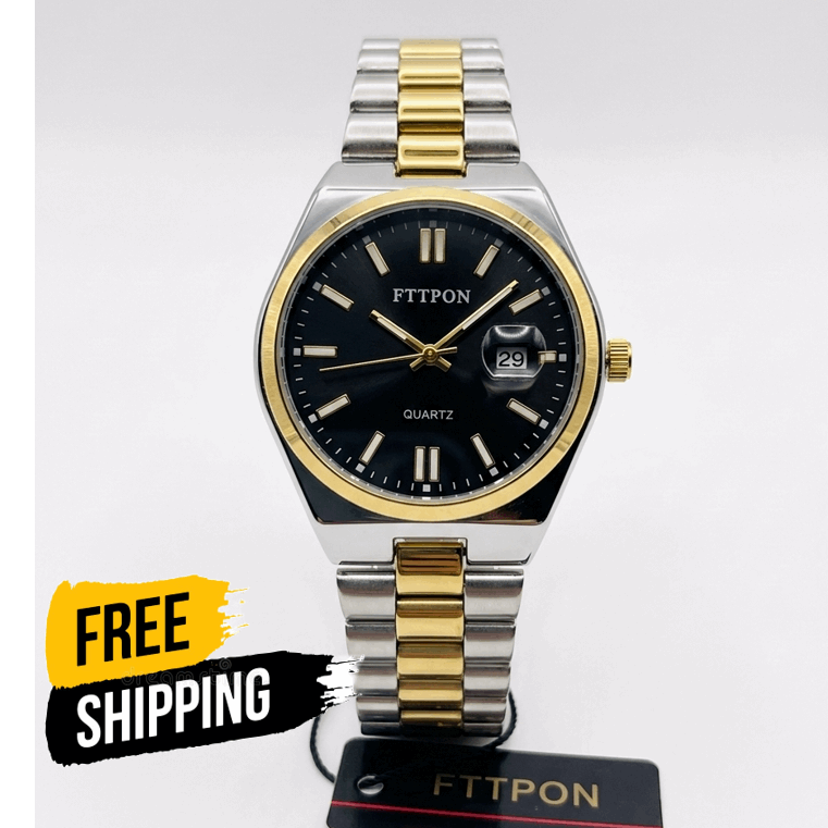 Two-tone men’s quartz wristwatch with dark blue dial, gold accents, metal bracelet.