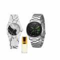 Men's rotating wheel watch with white patterned strap, silver case, black dial and green hands