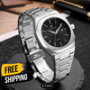 Men's weighted stainless steel watch with black dial and metal bracelet