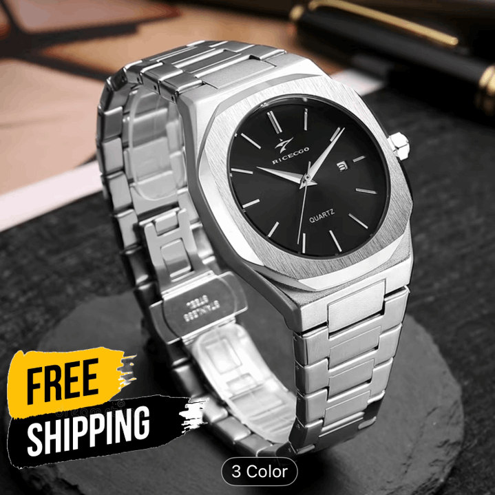 Men's weighted stainless steel watch with black dial and metal bracelet