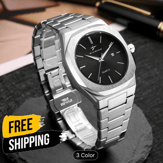 Men's weighted stainless steel watch with black dial and metal bracelet