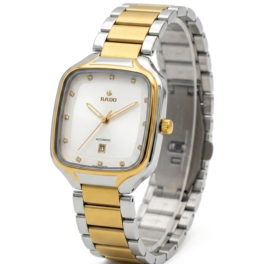 Men's two-tone stainless steel watch with light dial and gold bezel, link bracelet.