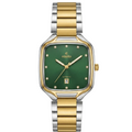 Men's two-tone stainless steel watch with green dial and gold bezel, link bracelet.
