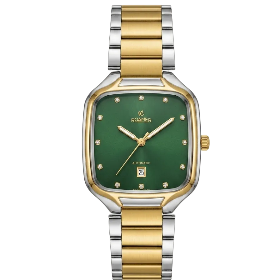 Men's two-tone stainless steel watch with green dial and gold bezel, link bracelet.