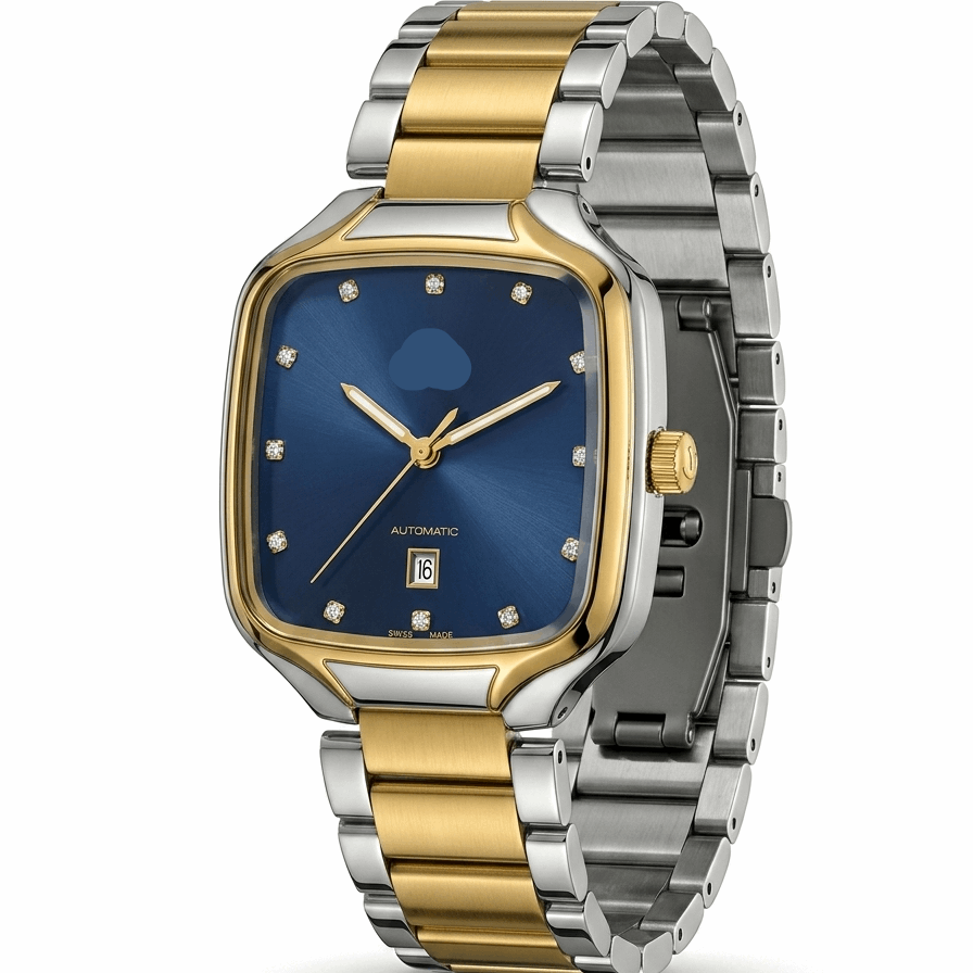 Two-tone square men’s watch, blue dial with crystal markers and date window
