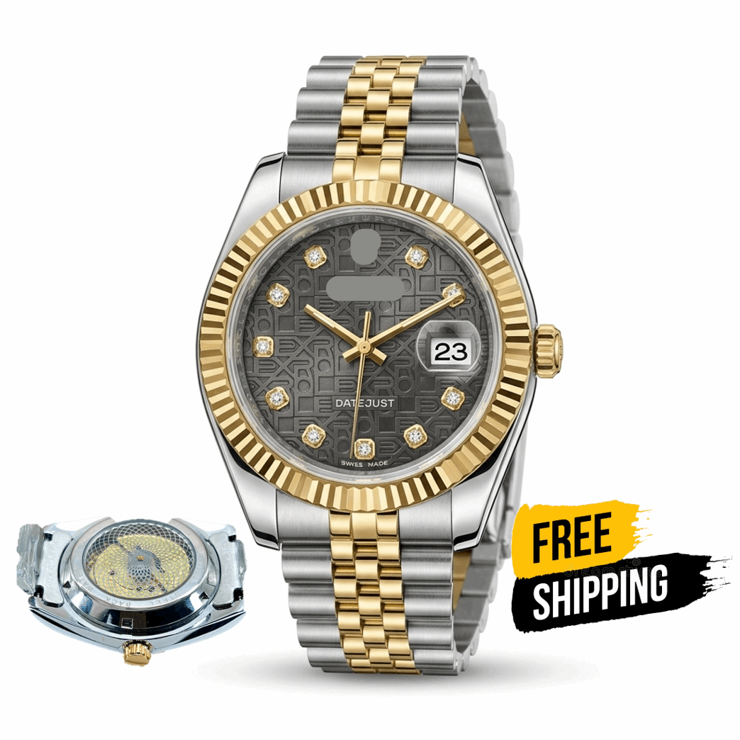 Men's two-tone wristwatch with black dial, gold bezel, and link metal bracelet