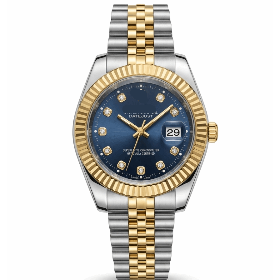 Men's two-tone wristwatch with black dial, gold bezel, and link metal bracelet