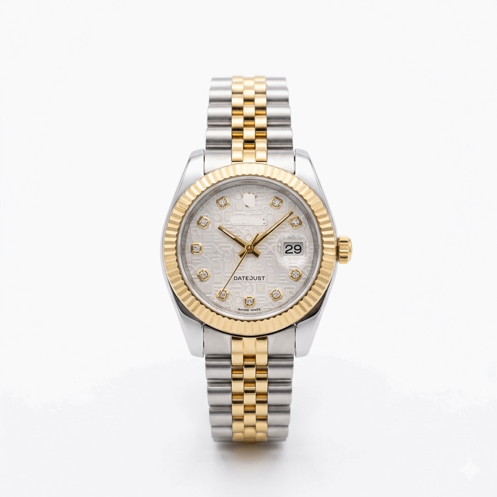 Men's two-tone wristwatch with silver dial, gold bezel, and link metal bracelet