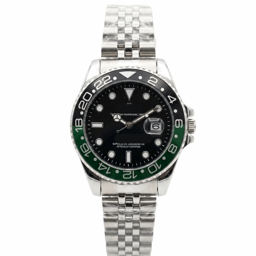 Men's stainless steel watch, black dial with green bezel, metal bracelet, date window