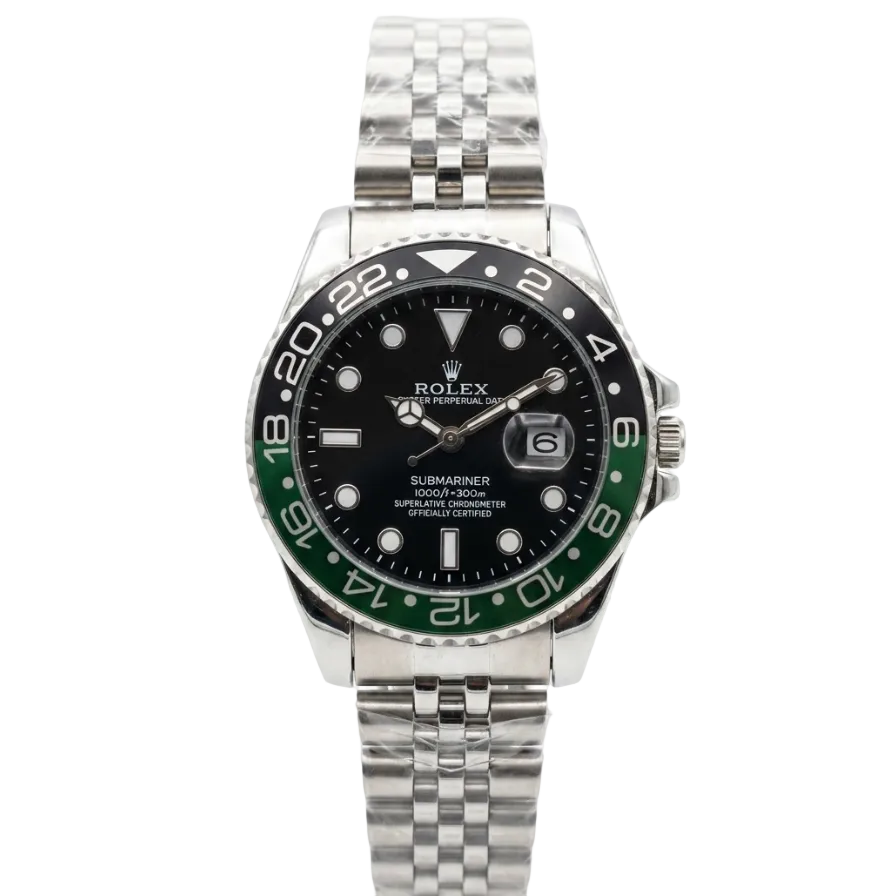 Men's Rolex stainless steel watch with black dial and green bezel insert