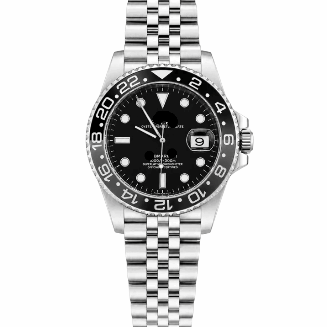 Men's stainless steel watch, black dial and bezel, metal bracelet, date window