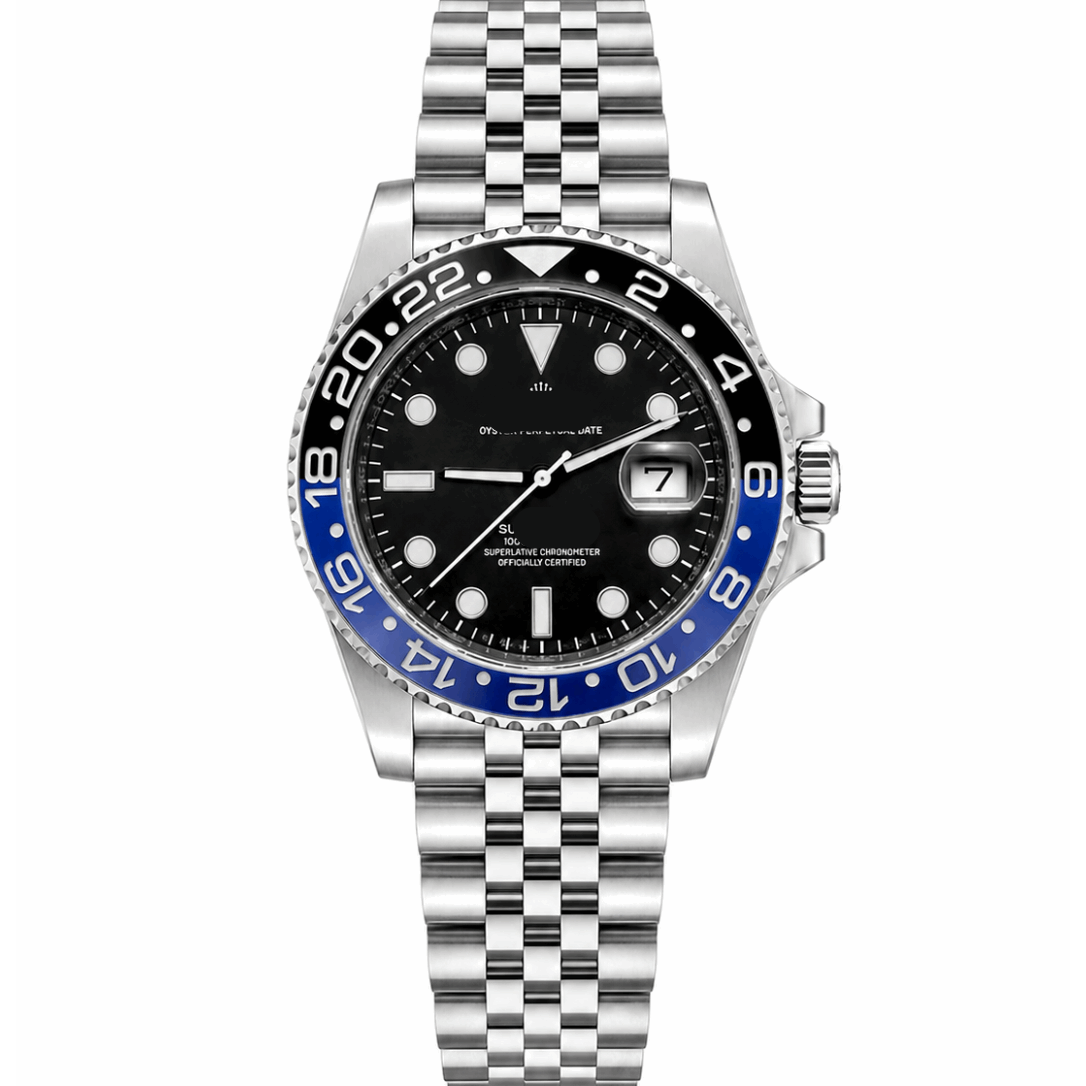 Men's stainless steel watch, black dial with blue bezel, metal bracelet, date window
