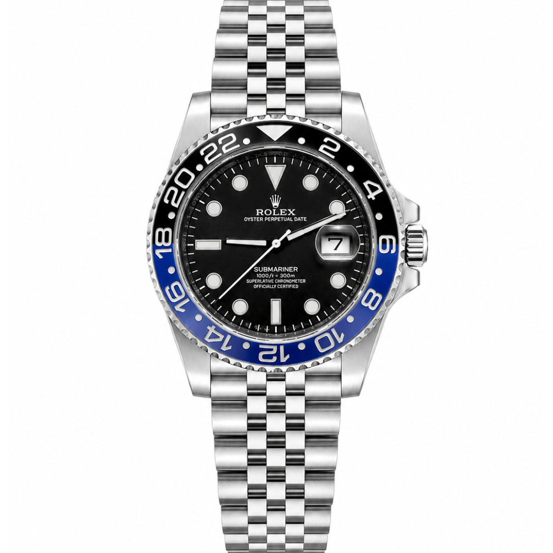 Men's Rolex stainless steel watch with black dial and blue bezel insert