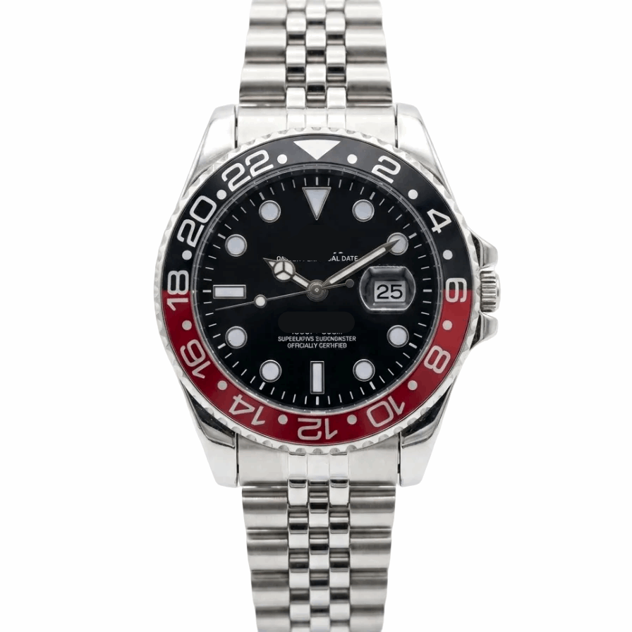 Men's stainless steel watch, black dial with red bezel, metal bracelet, date window
