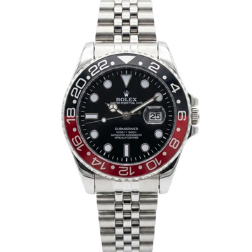 Men's Rolex stainless steel watch with black dial and red bezel insert