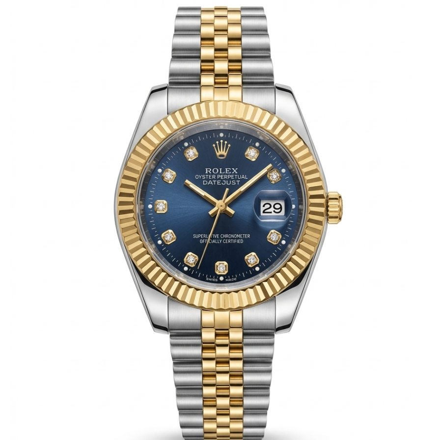 Two-tone Rolex Datejust gents wristwatch, black dial with diamond hour markers