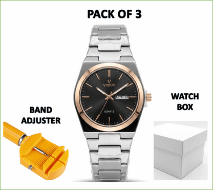 Viokai men's waterproof quartz watch with dark dial and rose-gold metal bezel