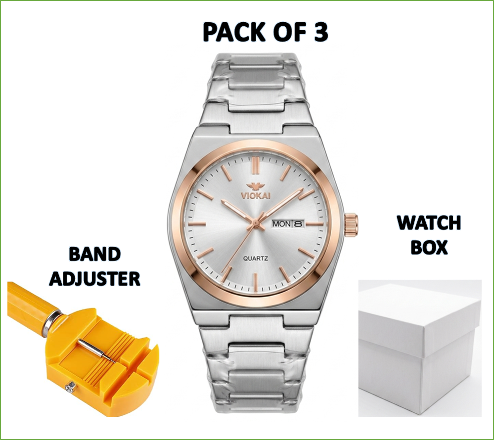 Waterproof quartz watch for men, champagne dial, silver metal bracelet