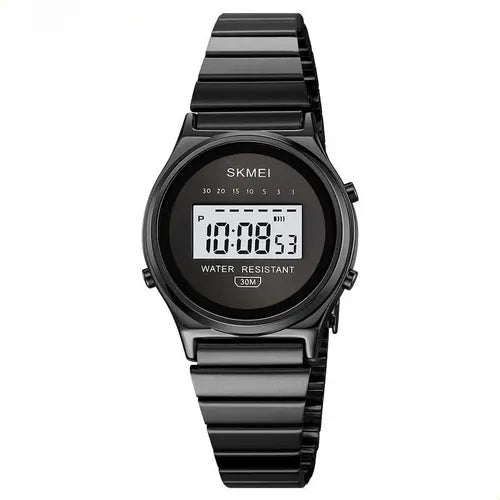 Skmei waterproof ladies watch, black dial and black metal bracelet with digital display